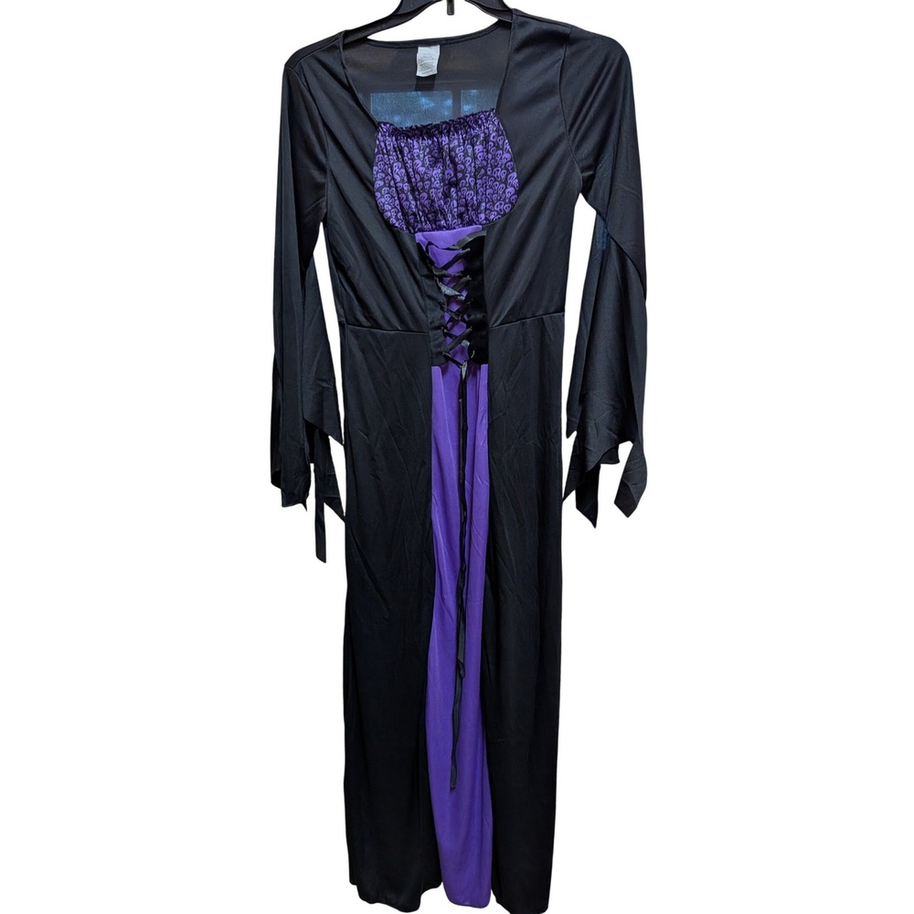 Womens Gothic Witch Halloween Costume Dress and Hat Set Black Purple Size Medium